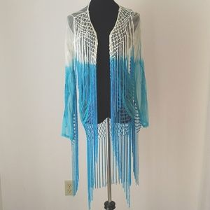 Raviya Long Sleeve Fringe Kimono, One Size, EUC